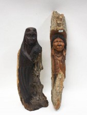 TWO CARVED WOOD SCULPTURES, ON