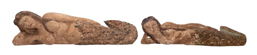 TWO CARVED WOODEN MERMAIDS 20TH