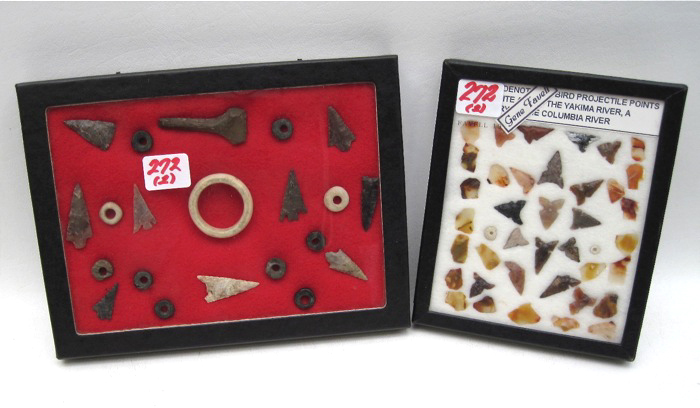 TWO CASED ARROW HEADS AND ARTIFACTS
