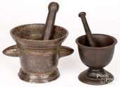 TWO CAST IRON MORTAR AND PESTL
