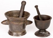 TWO CAST IRON MORTAR AND PESTL