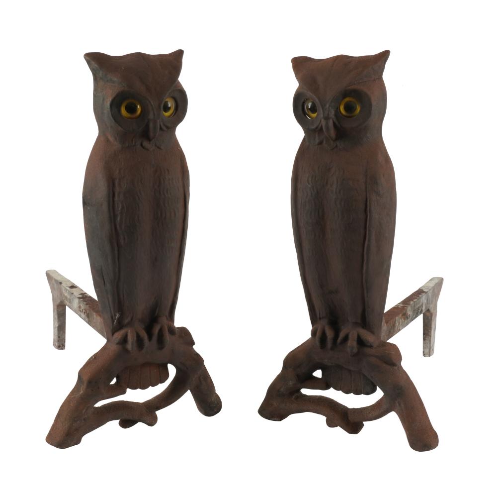 TWO CAST IRON OWL ANDIRONSwith