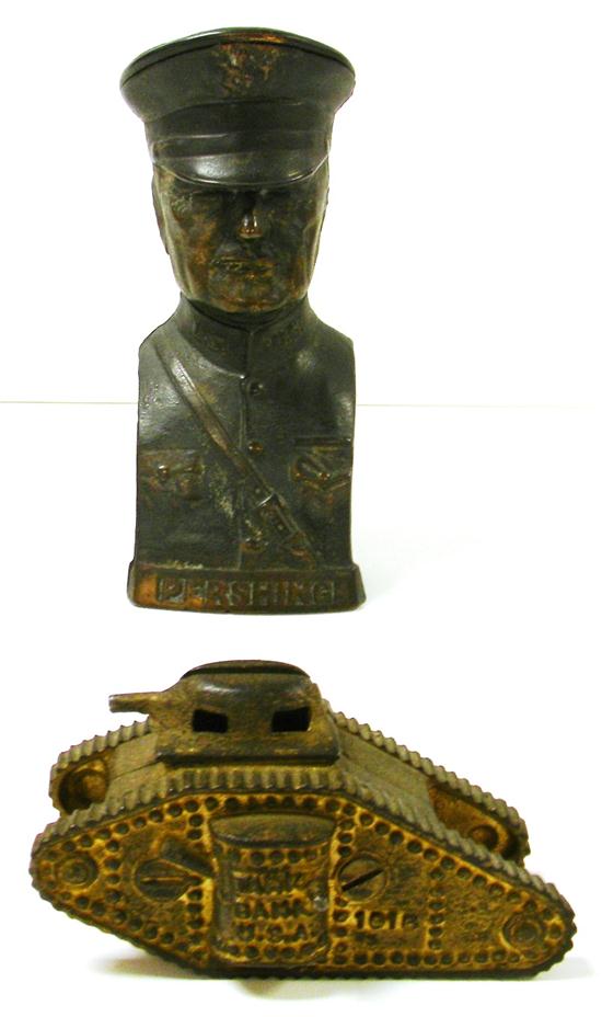Two cast iron still banks: bust