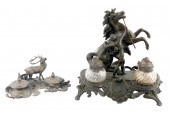 TWO CAST METAL INKWELLS, LATE