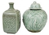 TWO CELADON MOLDED JARScompris