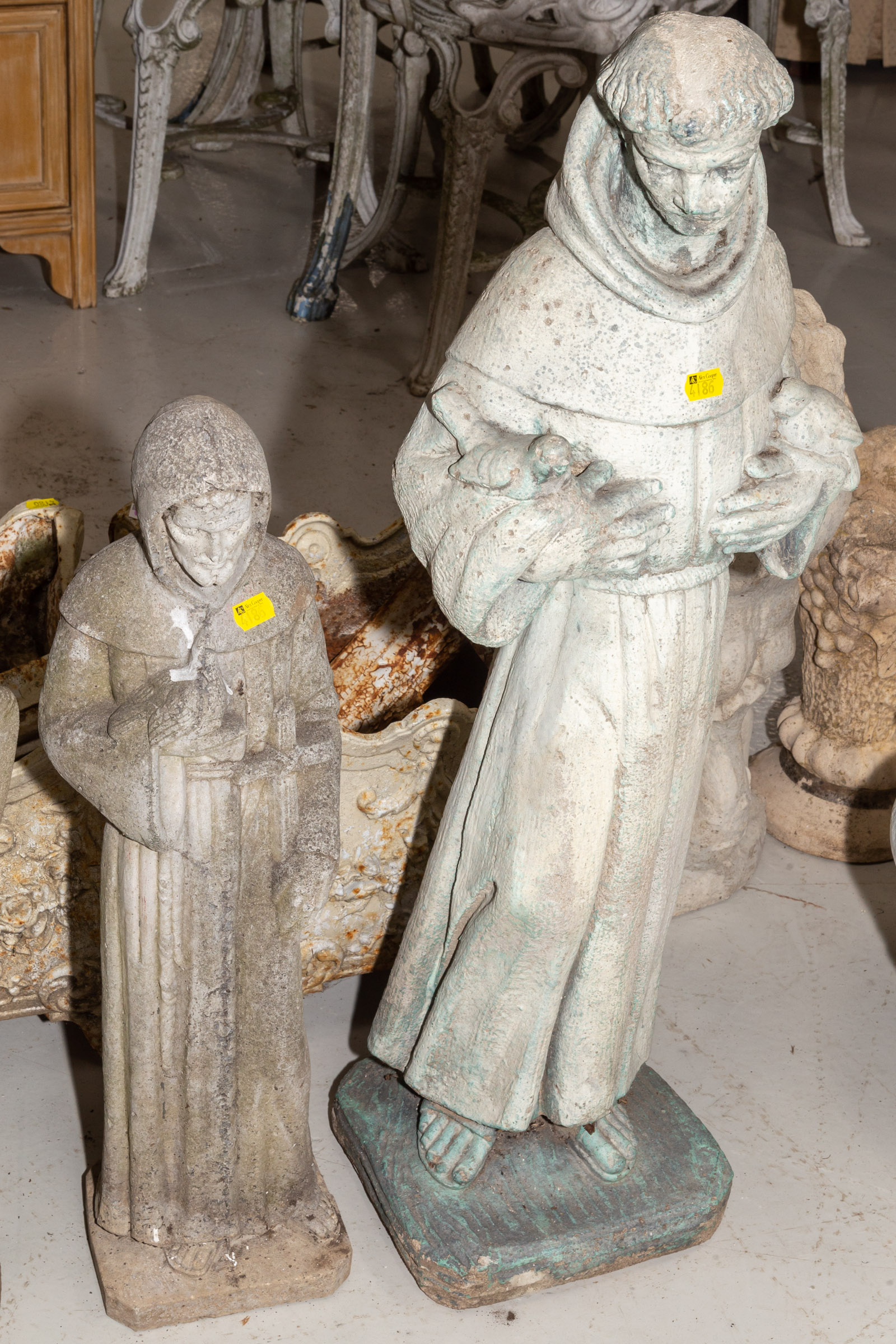 TWO CEMENT GARDEN FIGURES: ST.