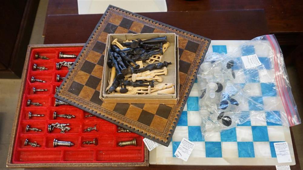 TWO CHESS SETS; ONE WITH STAINED