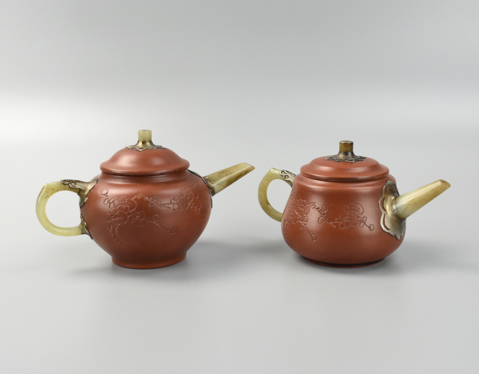 TWO CHINES ZHISHA TEAPOTS W/ JADE