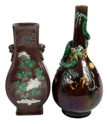 TWO CHINESE AUBERGINE GLAZED