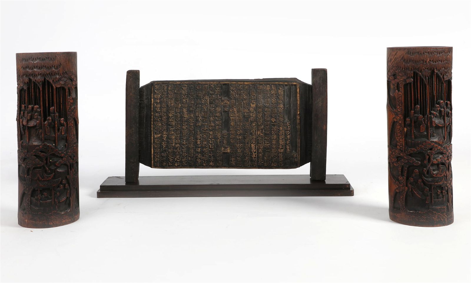 TWO CHINESE BAMBOO VASES AND A