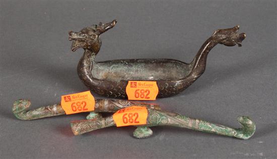 Two Chinese brass and inlaid bronze