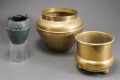 TWO CHINESE BRASS POTS AND A J