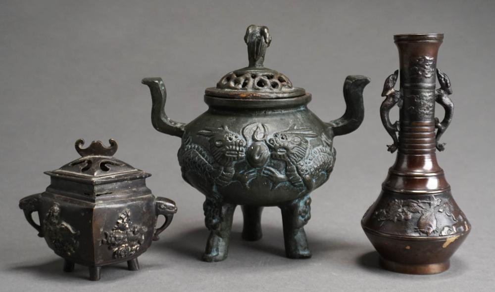 TWO CHINESE BRONZE CENSORS AND A