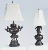 TWO CHINESE BRONZE TABLE LAMPS