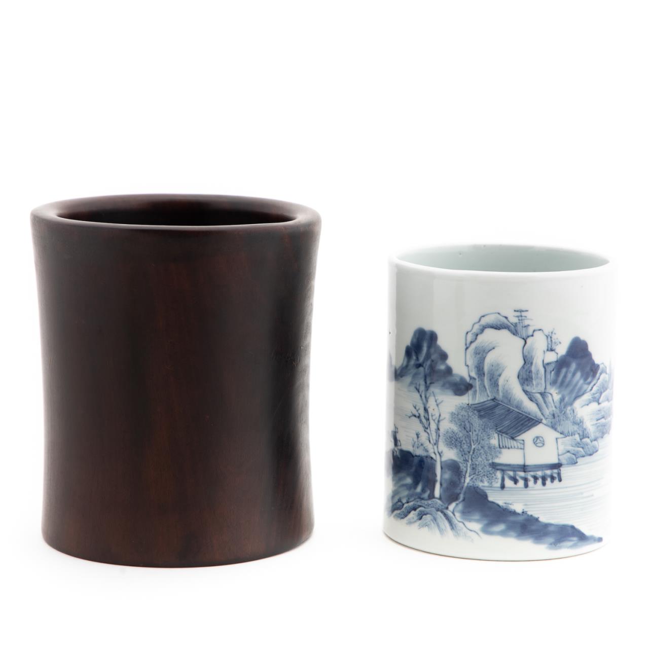 TWO CHINESE BRUSH POTS, WOOD AND