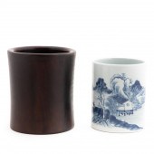 TWO CHINESE BRUSH POTS, WOOD A
