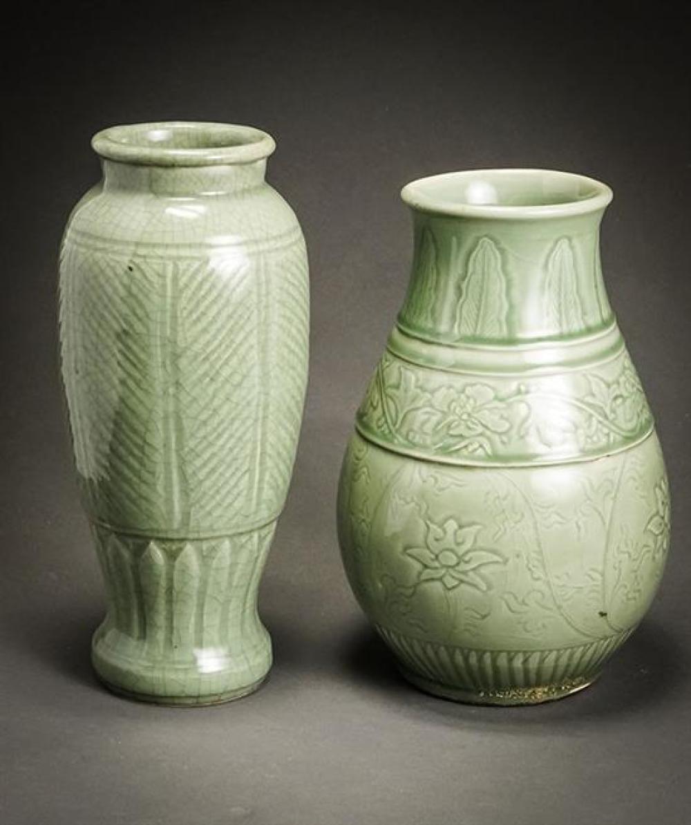 TWO CHINESE CARVED CELADON GLAZED