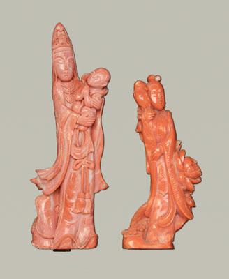 Two Chinese carved coral figures:
