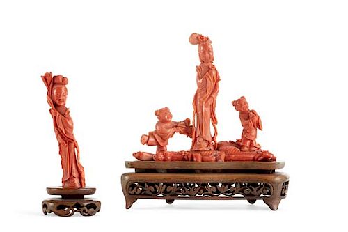 TWO CHINESE CARVED CORAL FIGURESTwo
