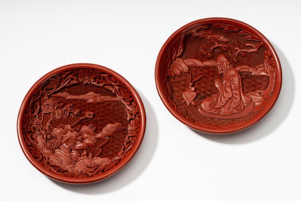 TWO CHINESE CINNABAR PLATESTwo