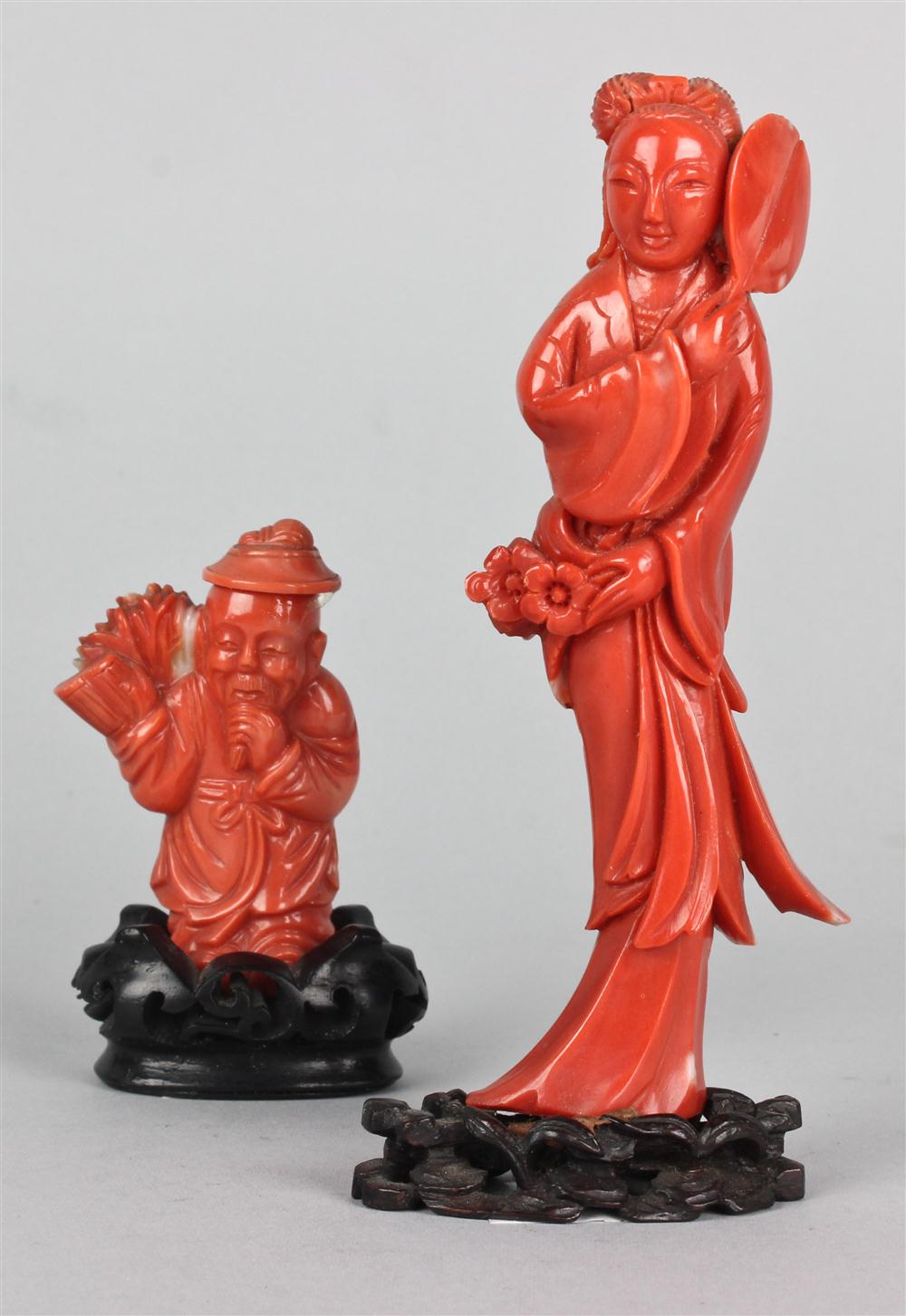 TWO CHINESE CORAL FIGURES the first