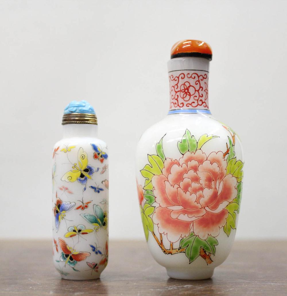 TWO CHINESE ENAMELED WHITE GLASS
