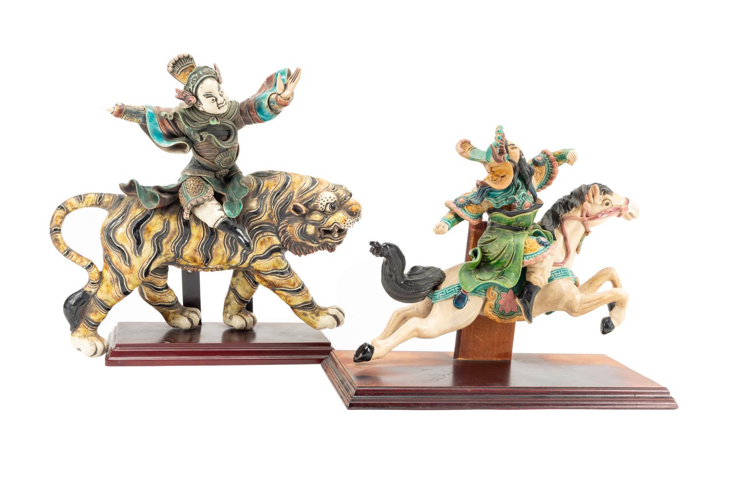 TWO CHINESE FIGURAL ROOF TILES ON