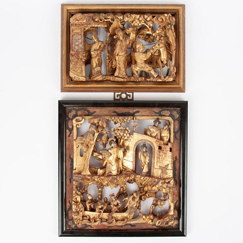 TWO CHINESE GILT HIGH-RELIEF CARVED