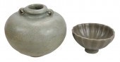 TWO CHINESE GLAZED CELADON TAB
