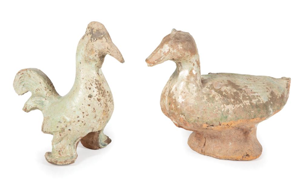 TWO CHINESE GLAZED POTTERY BIRDSTwo