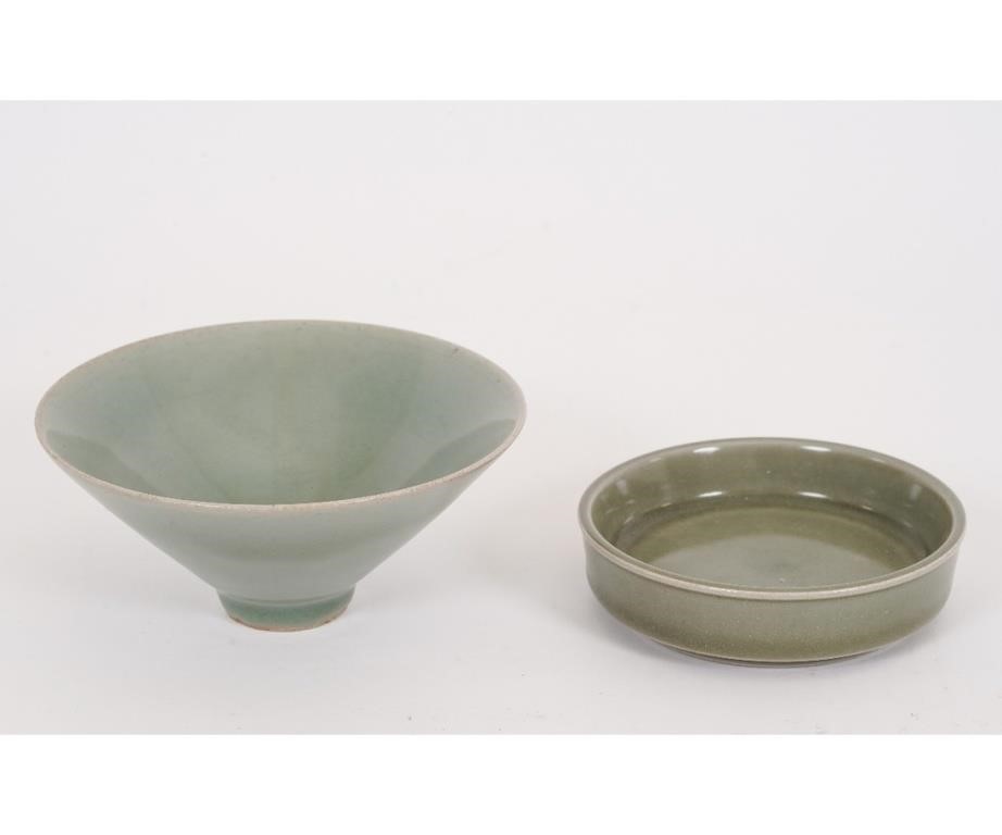 Two Chinese green bowls. Tallest:
