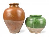 TWO CHINESE GREEN & BROWN GLAZ
