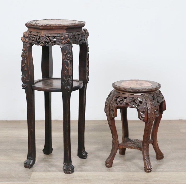 TWO CHINESE HARDWOOD MARBLE TOP
