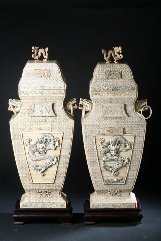 TWO CHINESE IVORY-ON-WOOD DRAGON