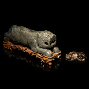 Two Chinese Mottled Jade Figures of