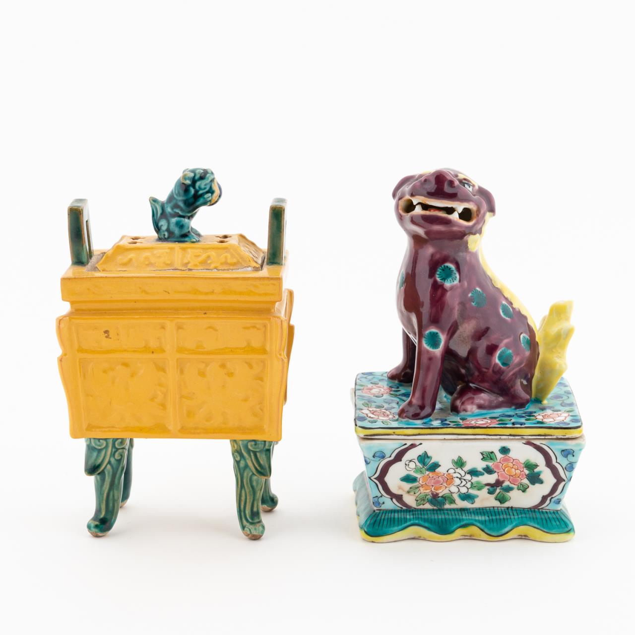 TWO CHINESE MULTI GLAZED LIDDED
