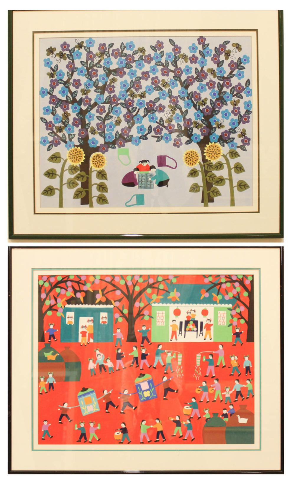 TWO CHINESE NAIVE ART TEMPERAS ON