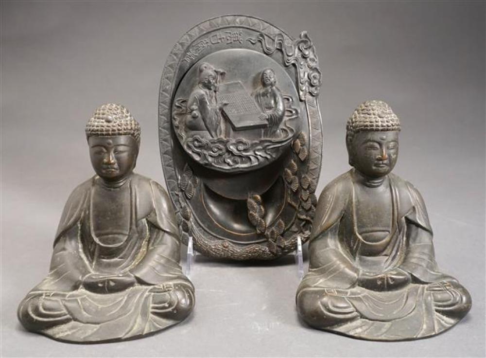 TWO CHINESE PATINATED METAL BUDDHAS