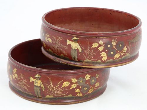 TWO CHINESE RED LACQUER WINE