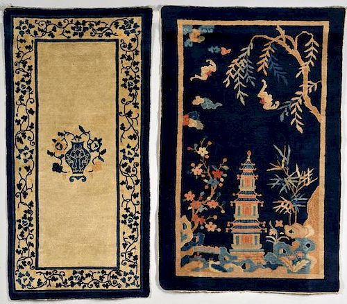 TWO CHINESE SCENIC RUGS, BLUE &