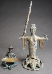 TWO CHINESE VERDIGRIS BRONZE F