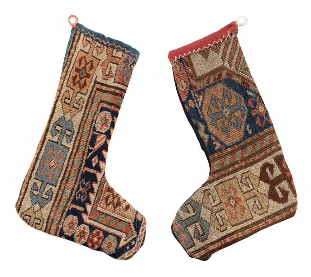 TWO CHRISTMAS STOCKINGS MADE FROM