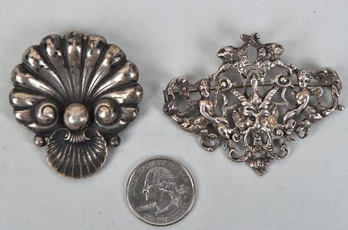 TWO "CINI" STERLING PINS, SHELL &