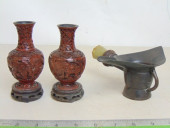 TWO CINNABAR VASES & ANTIQUE C