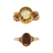 TWO CITRINE AND 14K GOLD RINGS