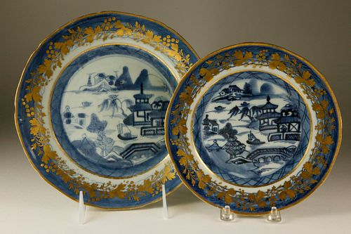 TWO CLOBBERED CANTON PLATES, LATE
