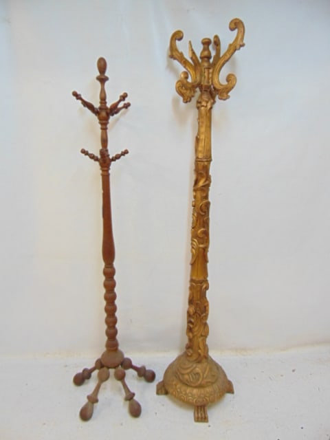 TWO COAT TREES, ONE IN GILT WITH