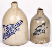 TWO COBALT BIRD DECORATED STON
