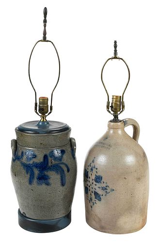 TWO COBALT BLUE DECORATED STONEWARE