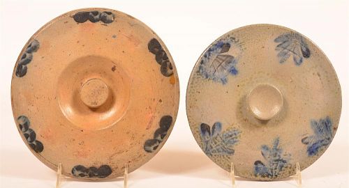 TWO COBALT BLUE STONEWARE CAKE